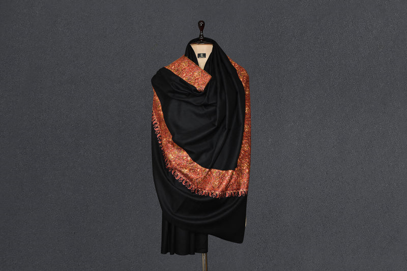 Pashmina hand embroidered black paldar shawl  40x80 inch