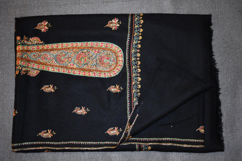 Hand embroidered pashmina black shawl 40X80 inch paisley
