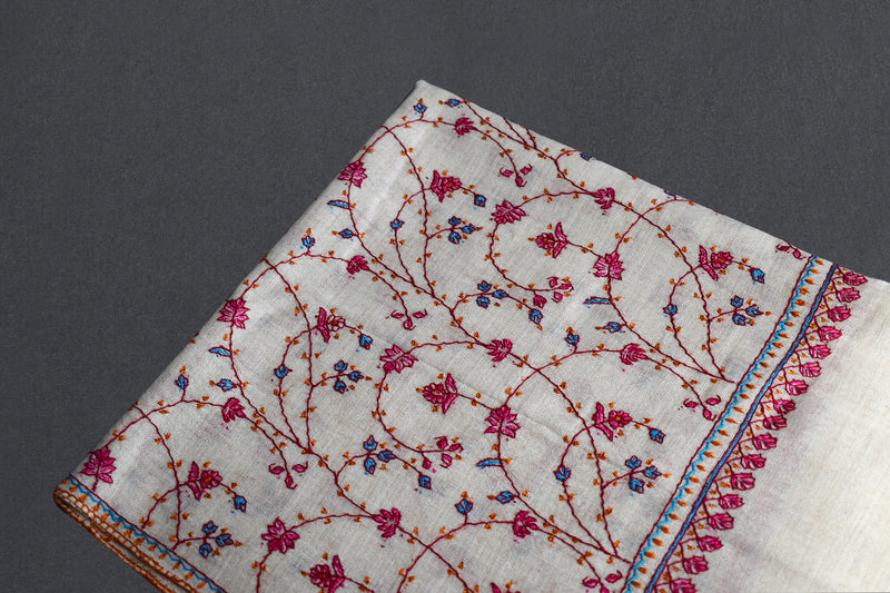 cashmere embroidered fine wool stole white 28x80 inch