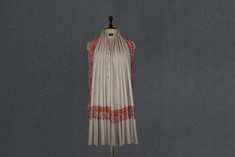 Pashmina hand embroidered beige paldar shawl  40x80 inch