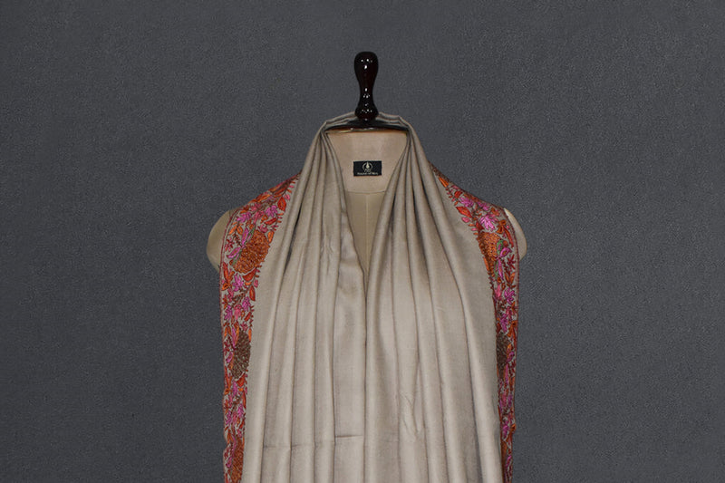 Pashmina hand embroidered beige paldar shawl  40x80 inch