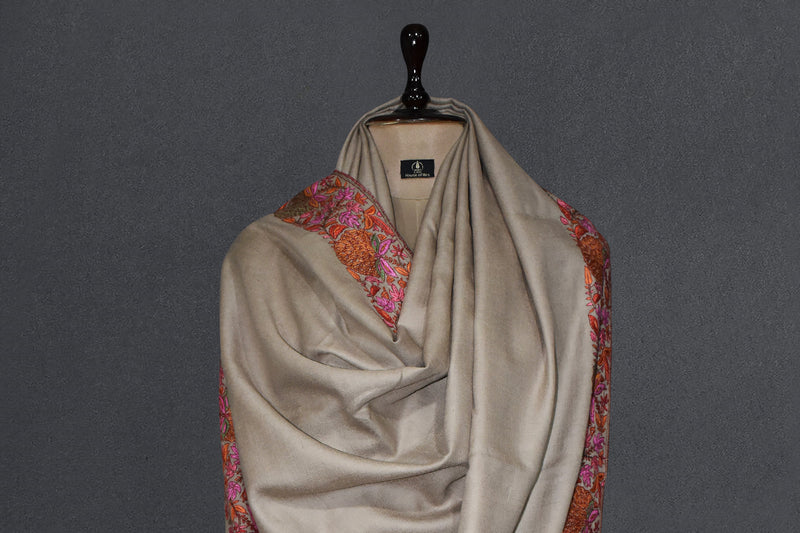 Pashmina hand embroidered beige paldar shawl  40x80 inch
