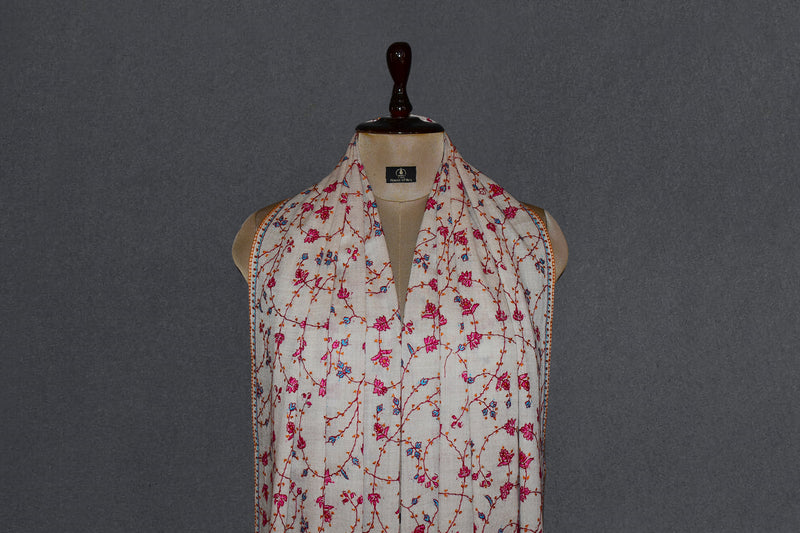 cashmere embroidered fine wool stole white 28x80 inch