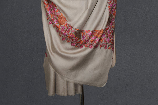 Pashmina hand embroidered beige paldar shawl  40x80 inch