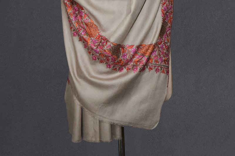 Pashmina hand embroidered beige paldar shawl  40x80 inch