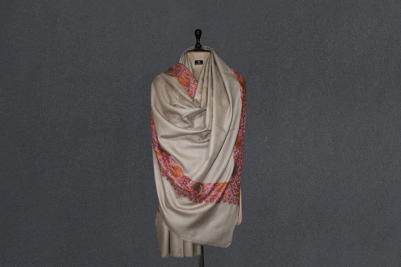 Pashmina hand embroidered beige paldar shawl  40x80 inch