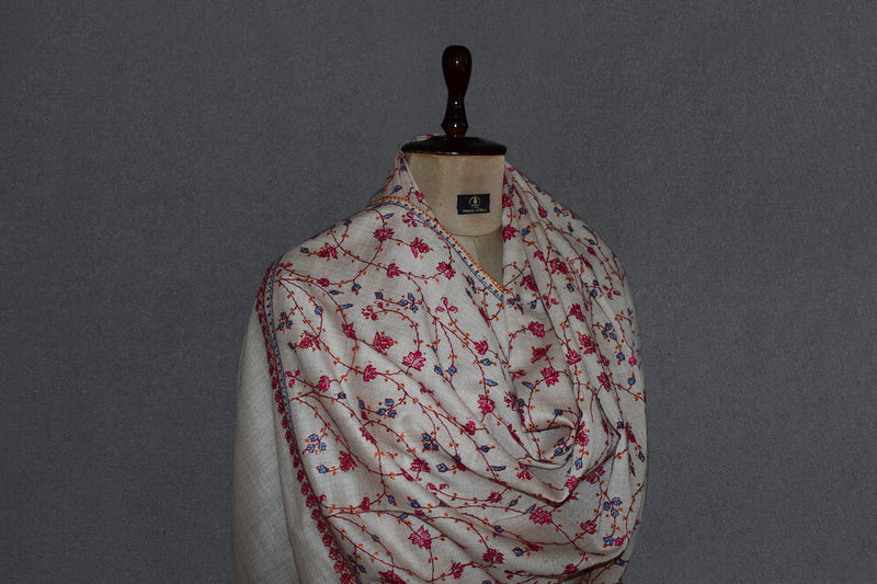 cashmere embroidered fine wool stole white 28x80 inch