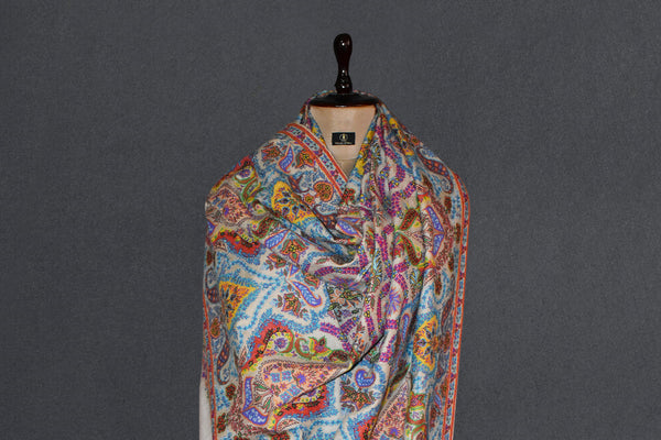 Pashmina kalamkari hand Embroidered shawl gulabkar beige 45x90 inch