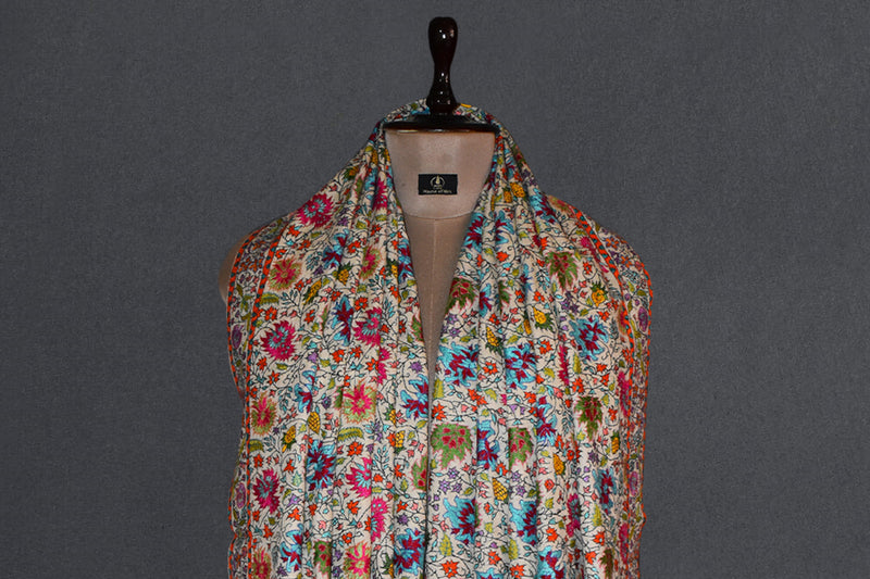 Pashmina handmade hand embroidered off white shawl