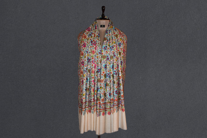 Pashmina handmade hand embroidered off white shawl
