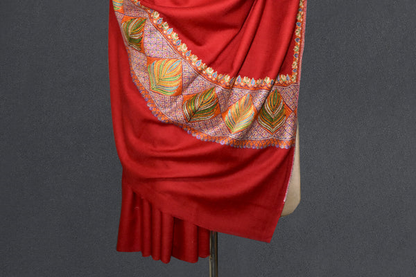 Pashmina Hand embroidered dour red shawl 40"x80"
