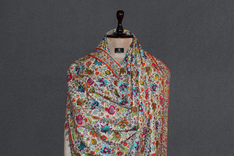 Pashmina handmade hand embroidered off white shawl