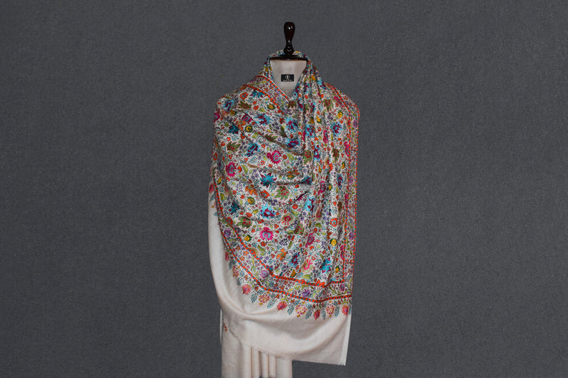 Pashmina handmade hand embroidered off white shawl