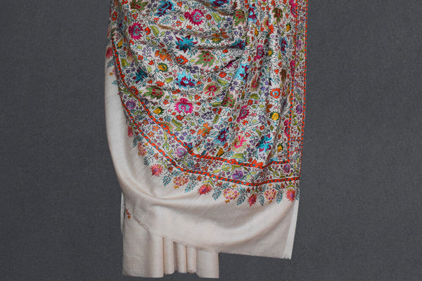 Pashmina handmade hand embroidered off white shawl