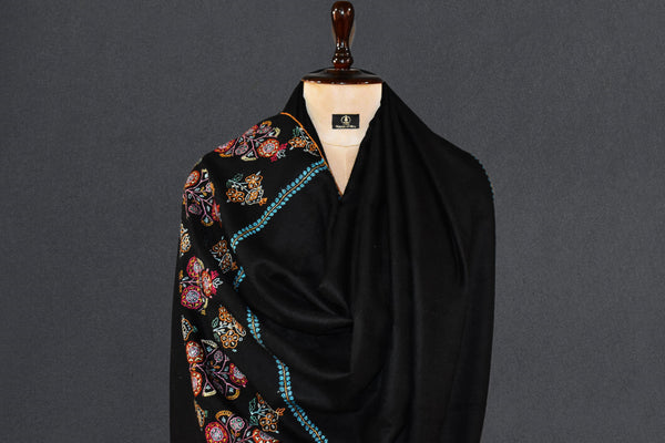 GI tagged Pashmina hand embroidered black shawl 40X80 inch