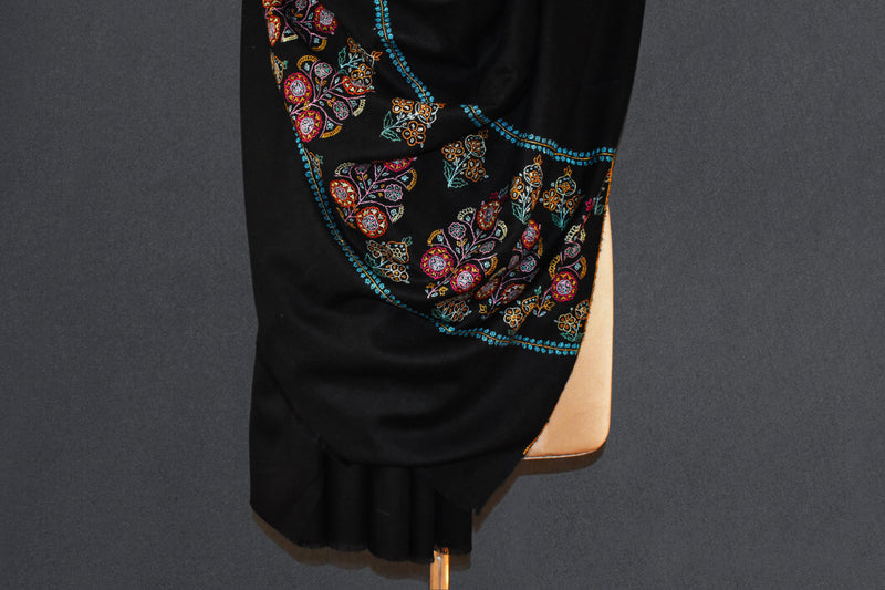 GI tagged Pashmina hand embroidered black shawl 40X80 inch