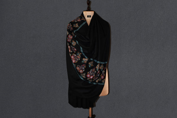 GI tagged Pashmina hand embroidered black shawl 40X80 inch