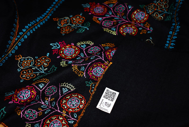 GI tagged Pashmina hand embroidered black shawl 40X80 inch