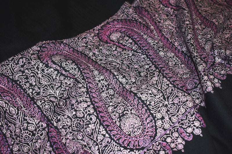 Pashmina Hand embroidered paldar black shawl 40"x80"