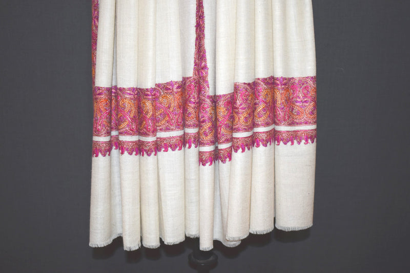 Pashmina Hand embroidered paldar white shawl 40"x80"