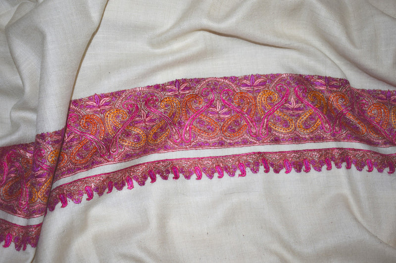 Pashmina Hand embroidered paldar white shawl 40"x80"