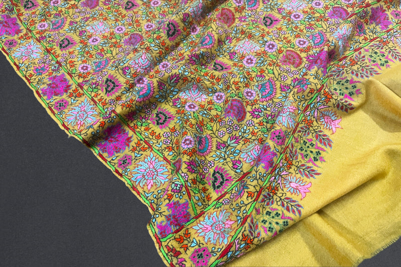 hand embroidered pashmina yellow shawl 40x80 inch