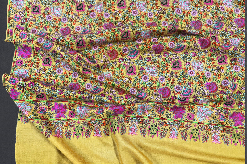 hand embroidered pashmina yellow shawl 40x80 inch