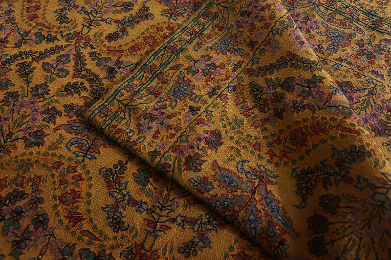 Pashmina kalamkari hand Embroidered shawl mustard 45x90 inch