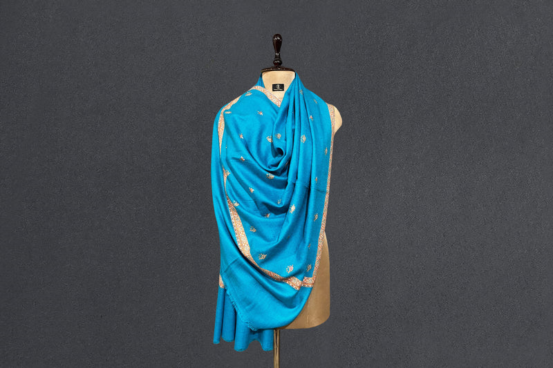 Hand embroidered pashmina shawl 40X80 inch ferozi