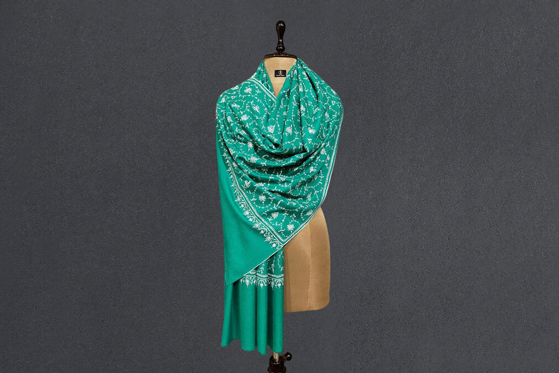 Pashmina embroidered green stole 28x80 inch