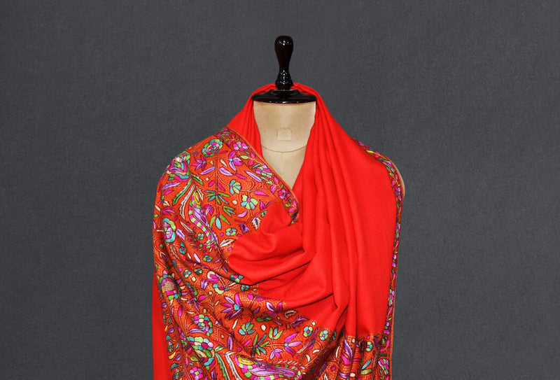 Pashmina hand embroidered shawl red 40x80 inch