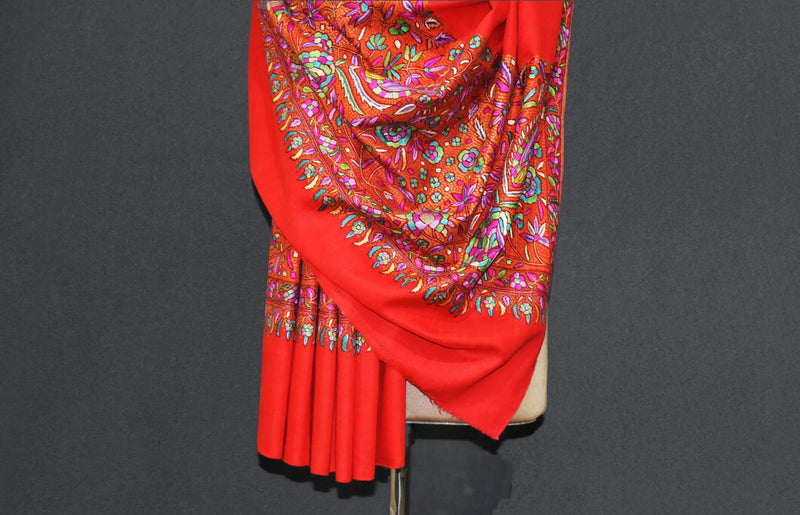 Pashmina hand embroidered shawl red 40x80 inch