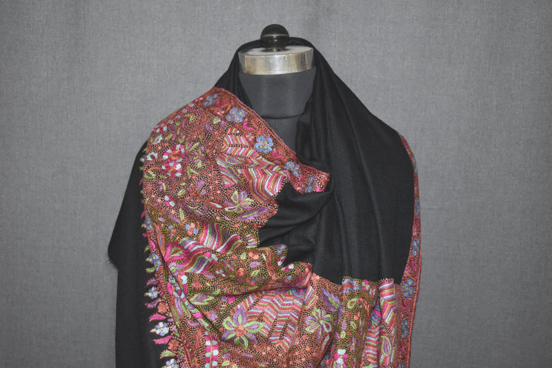 Hand embroidered pashmina shawl black 40X80 inch
