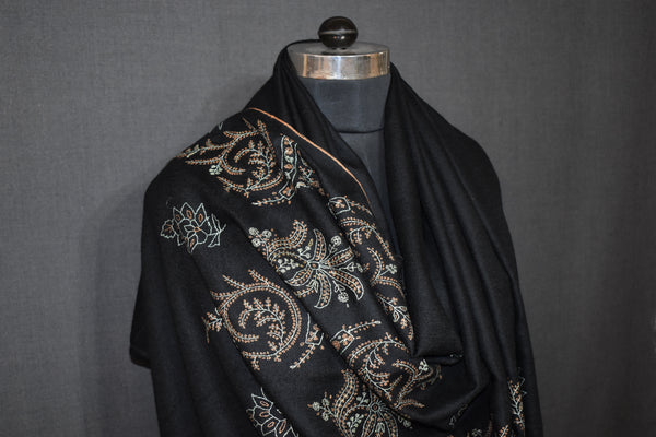 Hand embroidered pashmina shawl black 40X80 inch