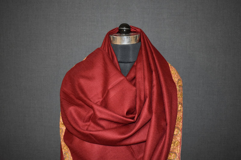 Hand embroidered pashmina shawl maroon 40X80 inch