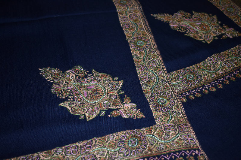 Embroidered shawl fine wool blue 40x80 inch