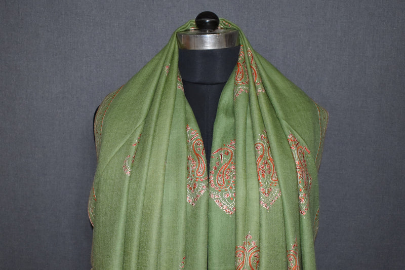 Embroidered shawl fine wool green 40x80 inch