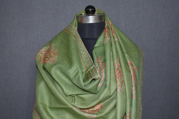 Embroidered shawl fine wool green 40x80 inch