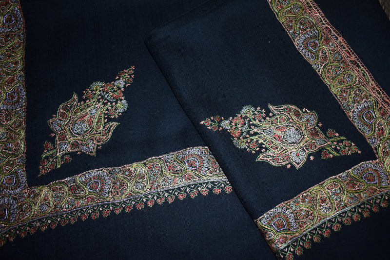 Embroidered shawl fine wool black 40x80 inch