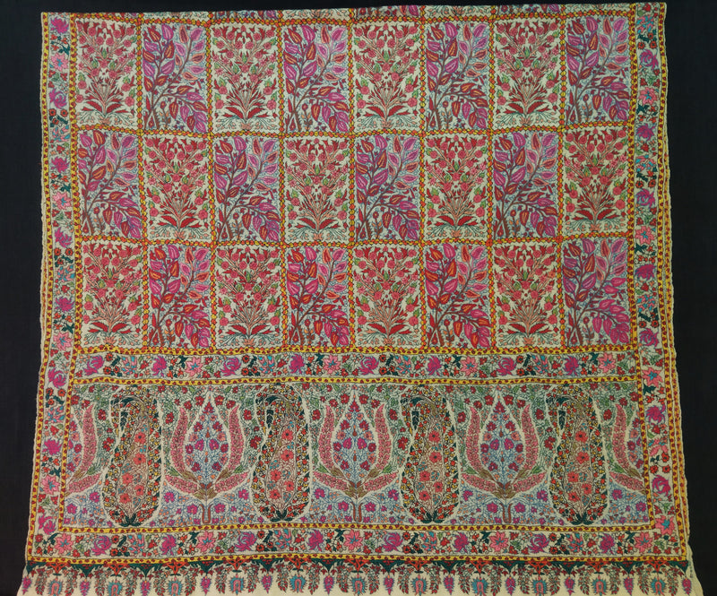 Embroidered pashmina white jamma gul shawl 40X80 inch