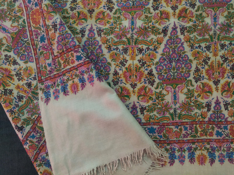 Embroidered pashmina white jamma kalamkari shawl 45X90 inch