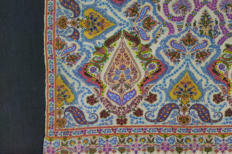 Pashmina kalamkari hand Embroidered shawl gulabkar beige 45x90 inch