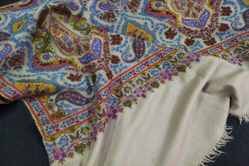 Pashmina kalamkari hand Embroidered shawl gulabkar beige 45x90 inch