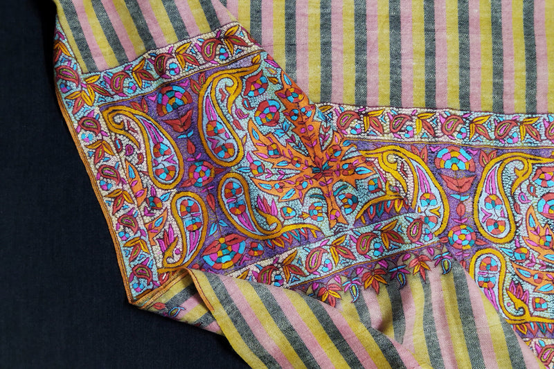 Hand embroidered pashmina shawl stripe palla 36X80 inch
